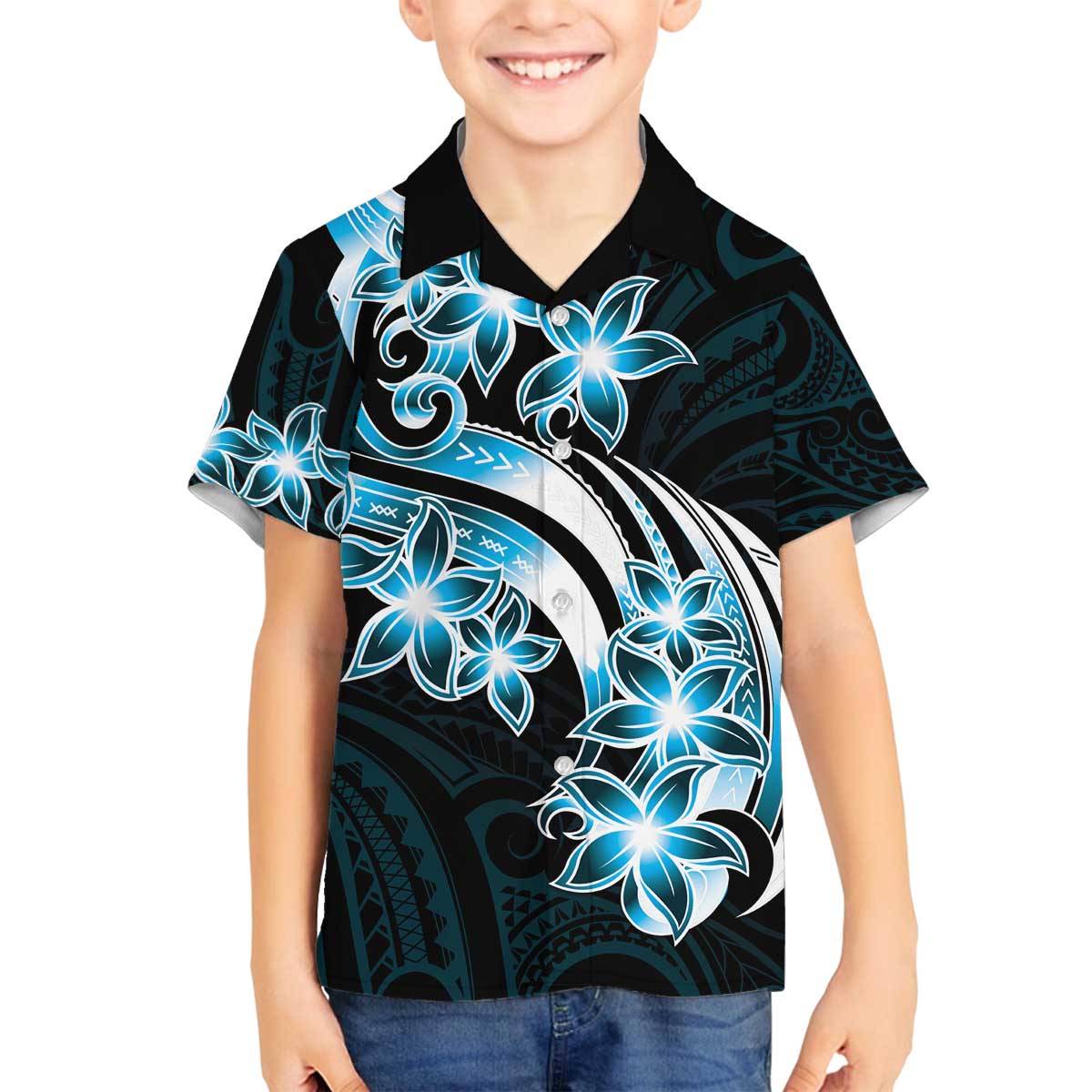 Plumeria Tribal Tattoo Family Matching Off Shoulder Short Dress and Hawaiian Shirt Blue Polynesian Pattern