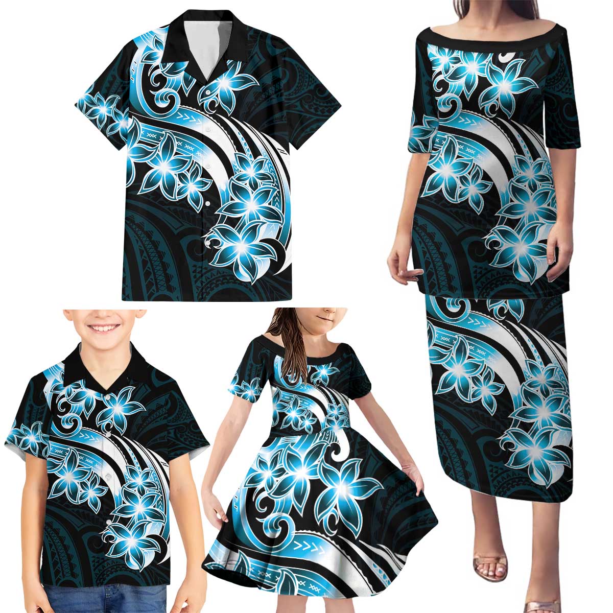 Plumeria Tribal Tattoo Family Matching Puletasi and Hawaiian Shirt Blue Polynesian Pattern LT9 - Polynesian Pride