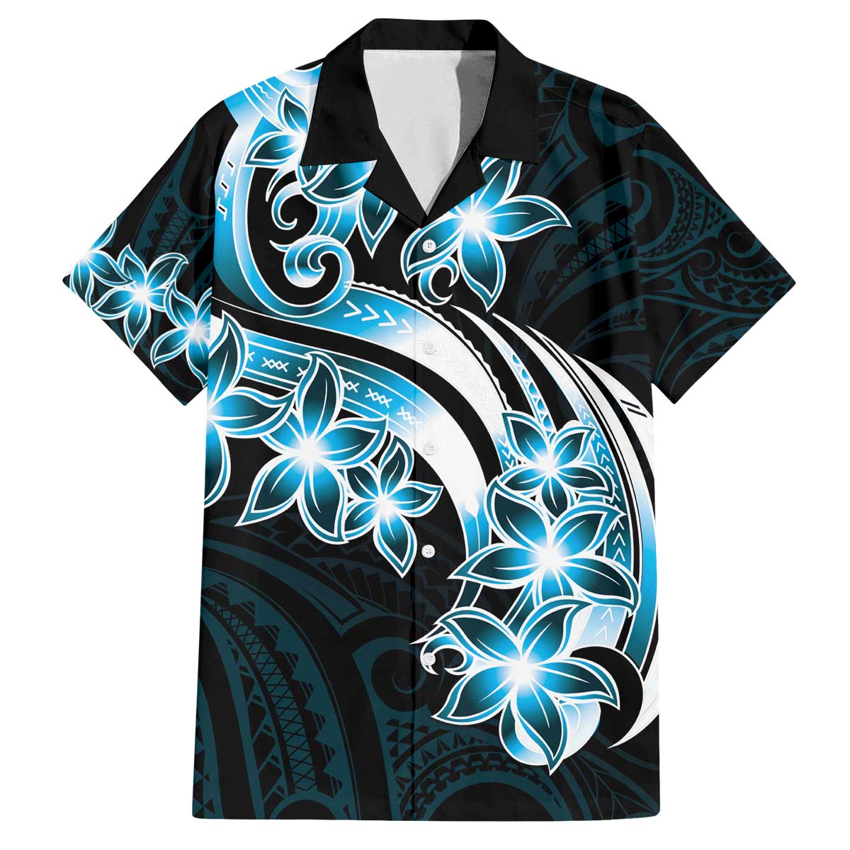 Plumeria Tribal Tattoo Family Matching Puletasi and Hawaiian Shirt Blue Polynesian Pattern LT9 Dad's Shirt - Short Sleeve Blue - Polynesian Pride