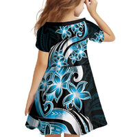 Plumeria Tribal Tattoo Family Matching Short Sleeve Bodycon Dress and Hawaiian Shirt Blue Polynesian Pattern