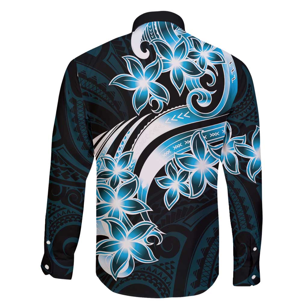 Plumeria Tribal Tattoo Family Matching Short Sleeve Bodycon Dress and Hawaiian Shirt Blue Polynesian Pattern