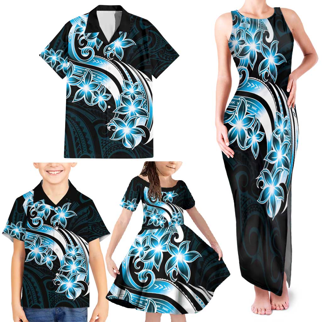 Plumeria Tribal Tattoo Family Matching Tank Maxi Dress and Hawaiian Shirt Blue Polynesian Pattern LT9 - Polynesian Pride