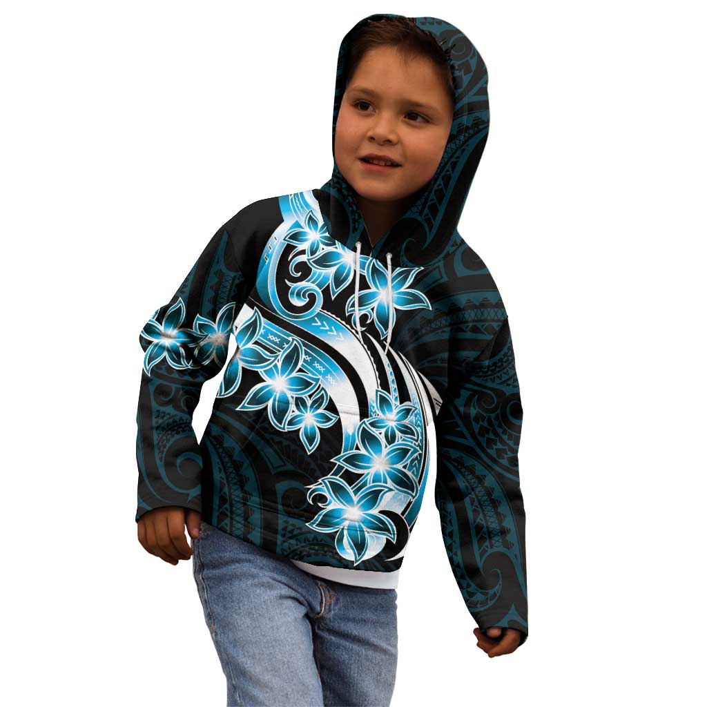 Plumeria Tribal Tattoo Kid Hoodie Blue Polynesian Pattern