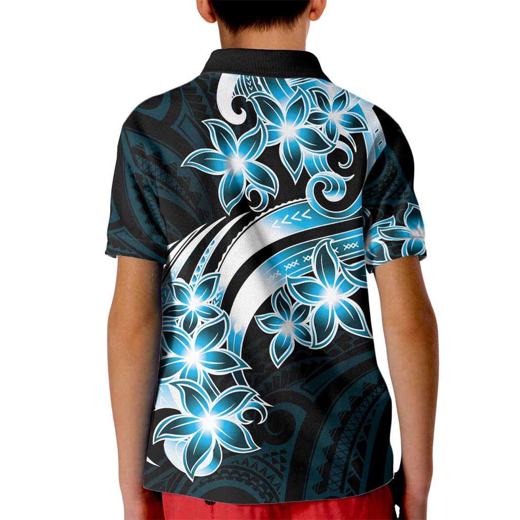 Plumeria Tribal Tattoo Kid Polo Shirt Blue Polynesian Pattern