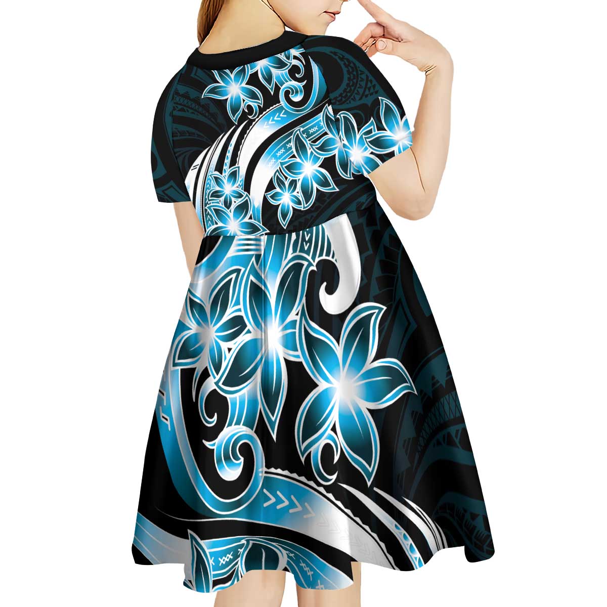 Plumeria Tribal Tattoo Kid Short Sleeve Dress Blue Polynesian Pattern