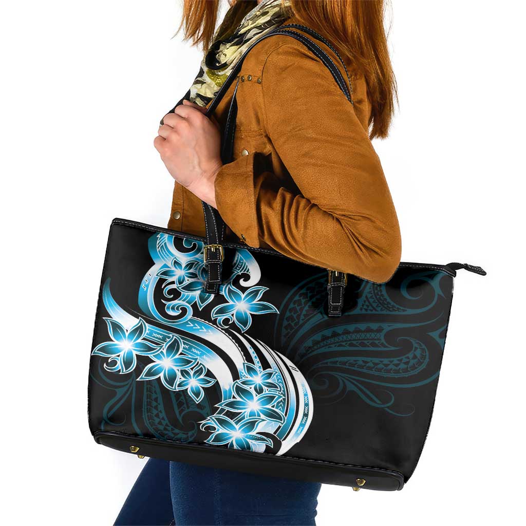 Plumeria Tribal Tattoo Leather Tote Bag Blue Polynesian Pattern