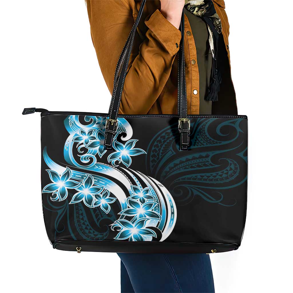 Plumeria Tribal Tattoo Leather Tote Bag Blue Polynesian Pattern LT9 - Polynesian Pride