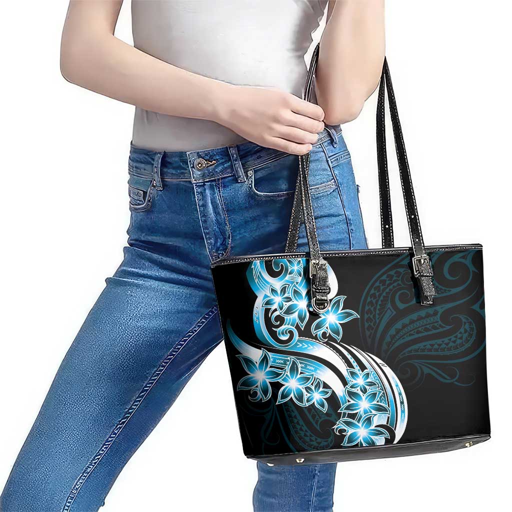 Plumeria Tribal Tattoo Leather Tote Bag Blue Polynesian Pattern LT9 - Polynesian Pride