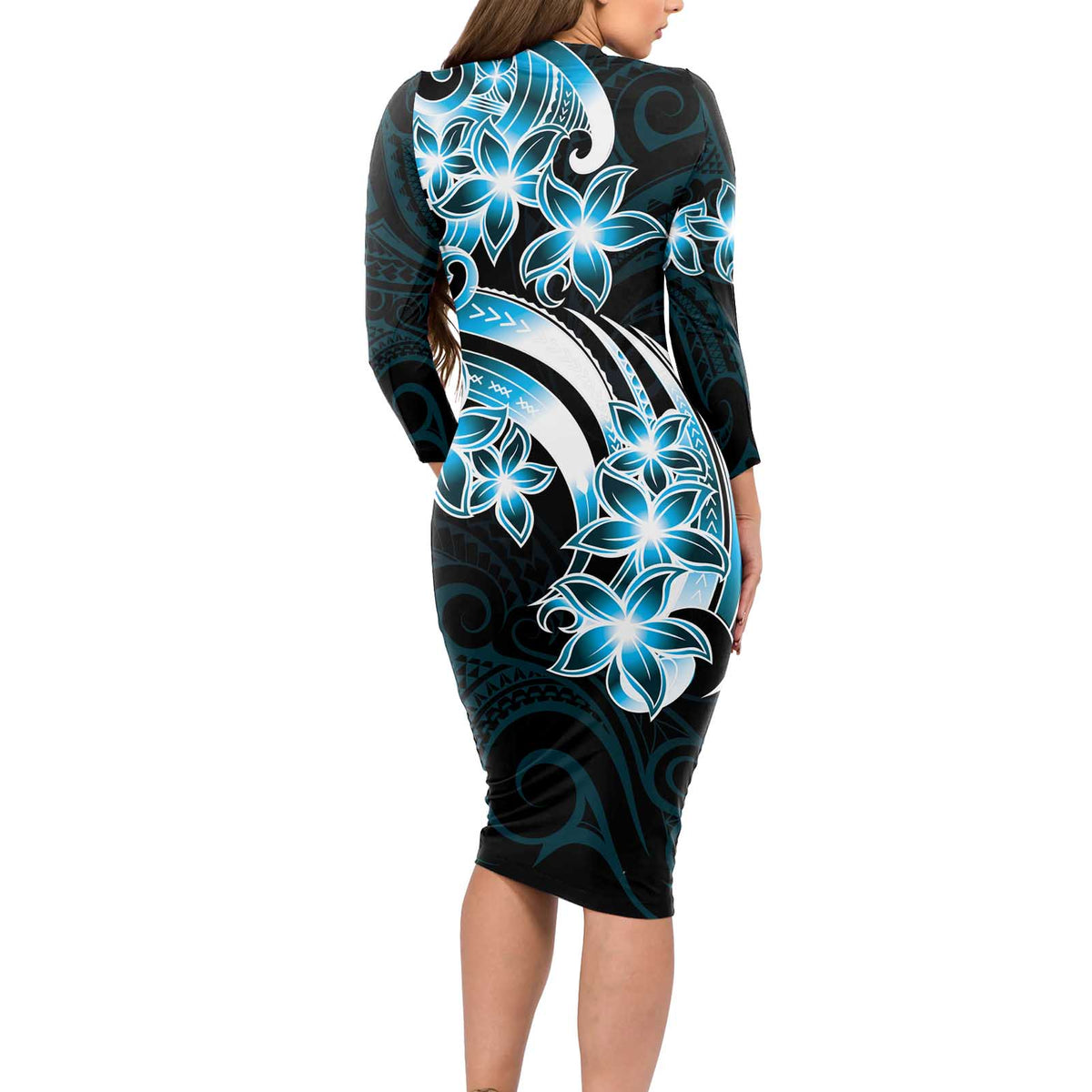 Plumeria Tribal Tattoo Long Sleeve Bodycon Dress Blue Polynesian Pattern