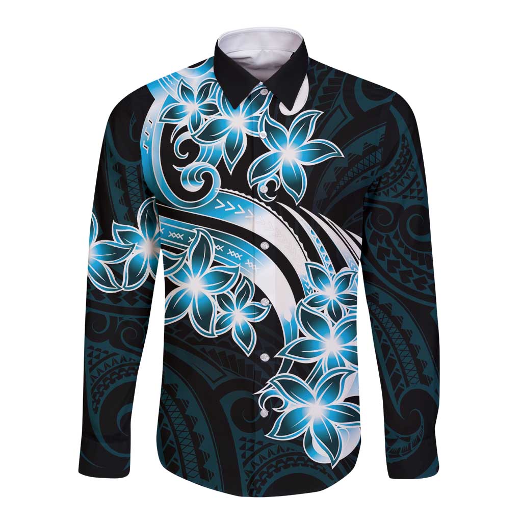 Plumeria Tribal Tattoo Long Sleeve Button Shirt Blue Polynesian Pattern