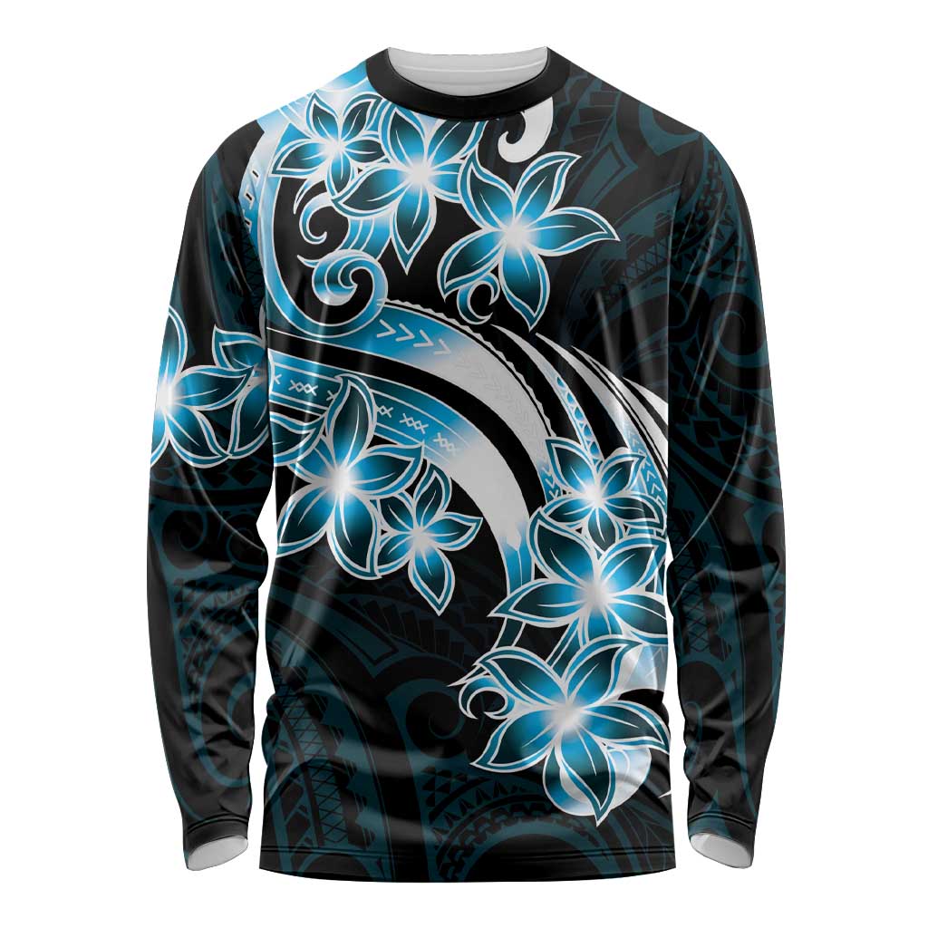 Plumeria Tribal Tattoo Long Sleeve Shirt Blue Polynesian Pattern