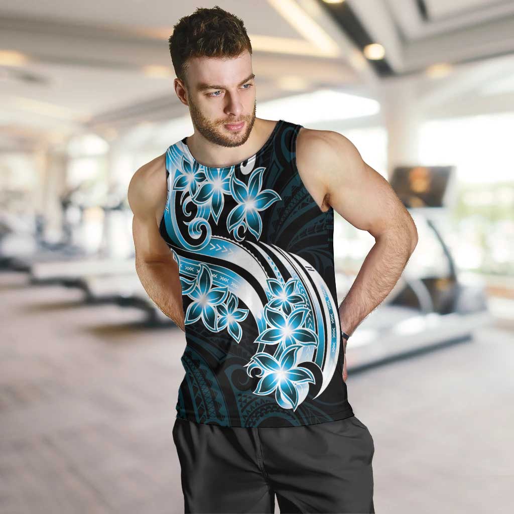 Plumeria Tribal Tattoo Men Tank Top Blue Polynesian Pattern