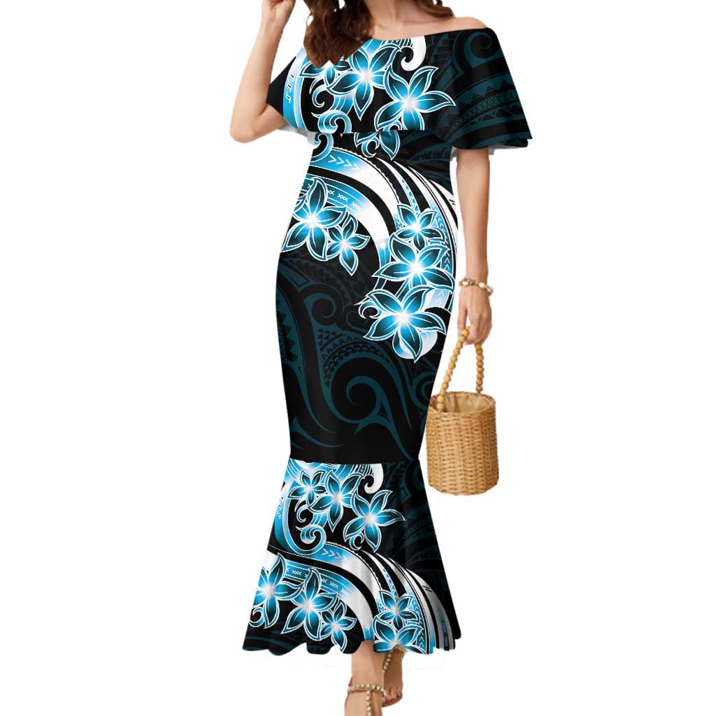 Plumeria Tribal Tattoo Mermaid Dress Blue Polynesian Pattern