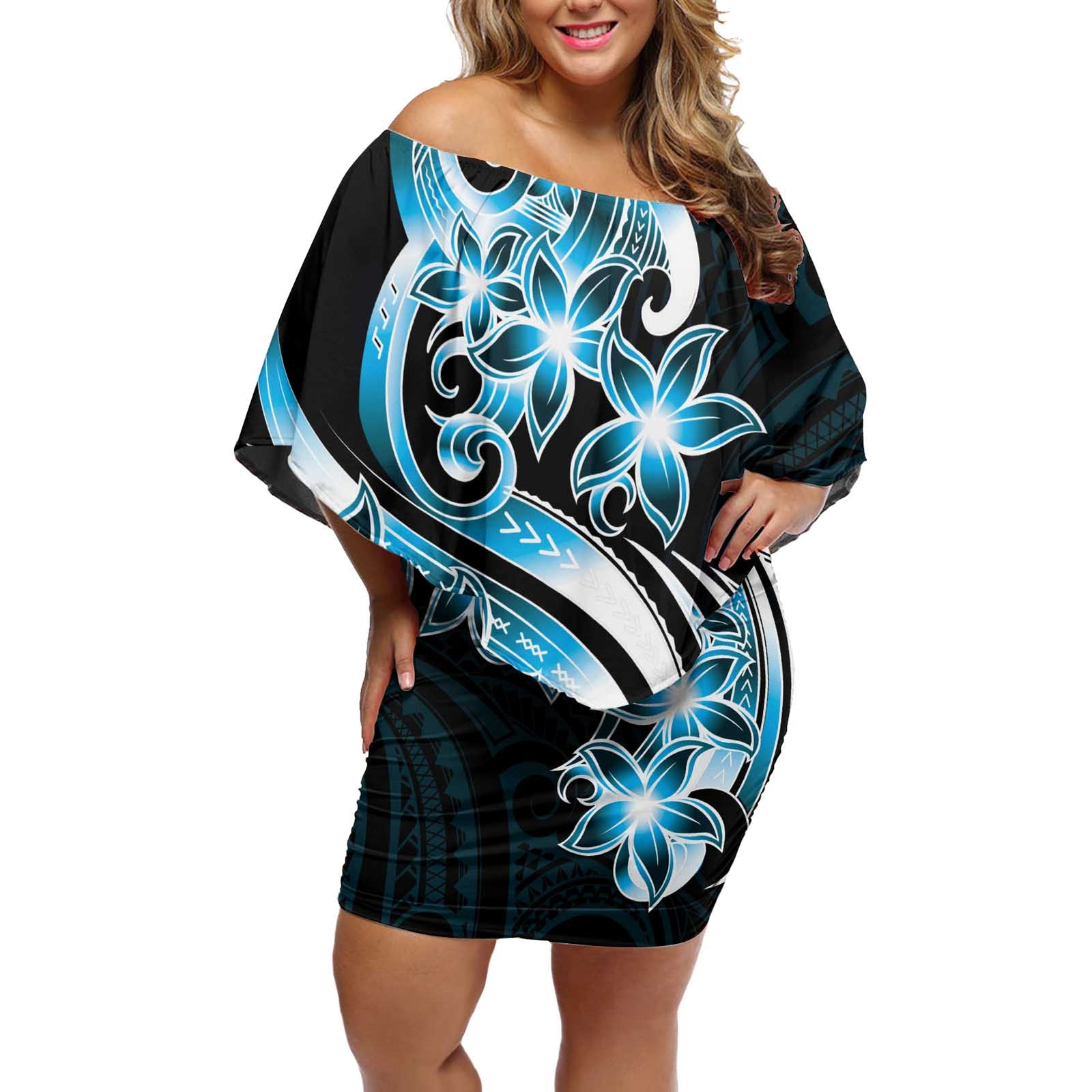 Plumeria Tribal Tattoo Off Shoulder Short Dress Blue Polynesian Pattern LT9 Women Blue - Polynesian Pride