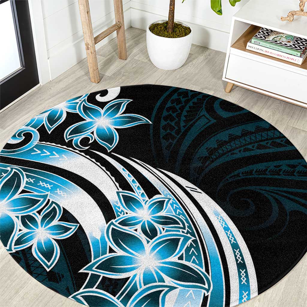 Plumeria Tribal Tattoo Round Carpet Blue Polynesian Pattern