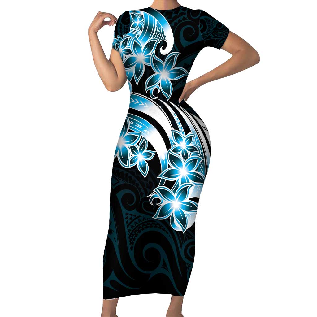 Plumeria Tribal Tattoo Short Sleeve Bodycon Dress Blue Polynesian Pattern