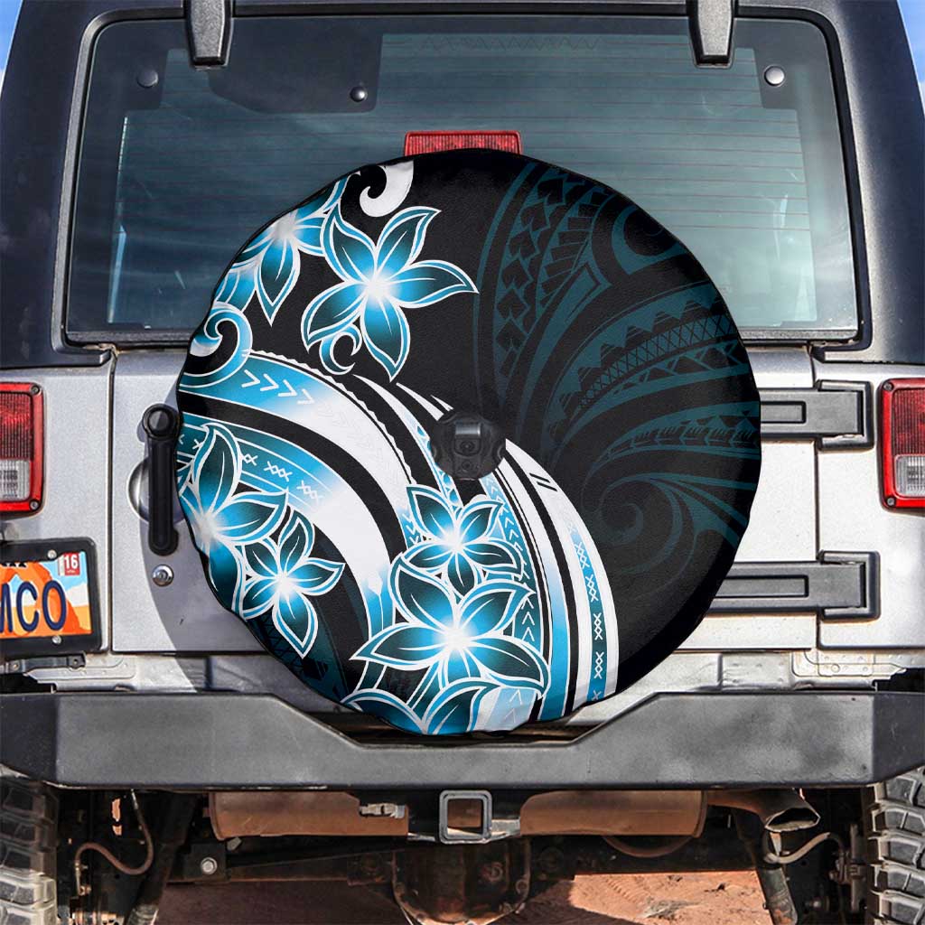 Plumeria Tribal Tattoo Spare Tire Cover Blue Polynesian Pattern