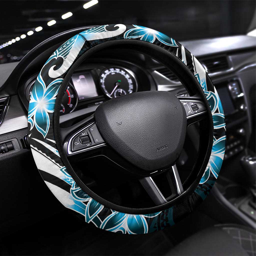 Plumeria Tribal Tattoo Steering Wheel Cover Blue Polynesian Pattern