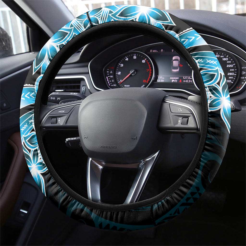 Plumeria Tribal Tattoo Steering Wheel Cover Blue Polynesian Pattern LT9 - Polynesian Pride