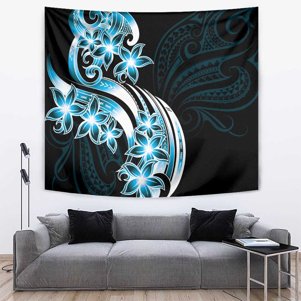 Plumeria Tribal Tattoo Tapestry Blue Polynesian Pattern