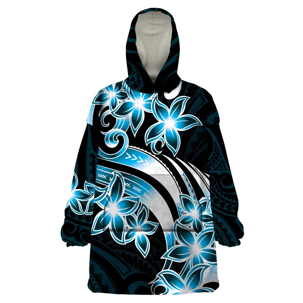 Plumeria Tribal Tattoo Wearable Blanket Hoodie Blue Polynesian Pattern LT9 One Size Blue - Polynesian Pride