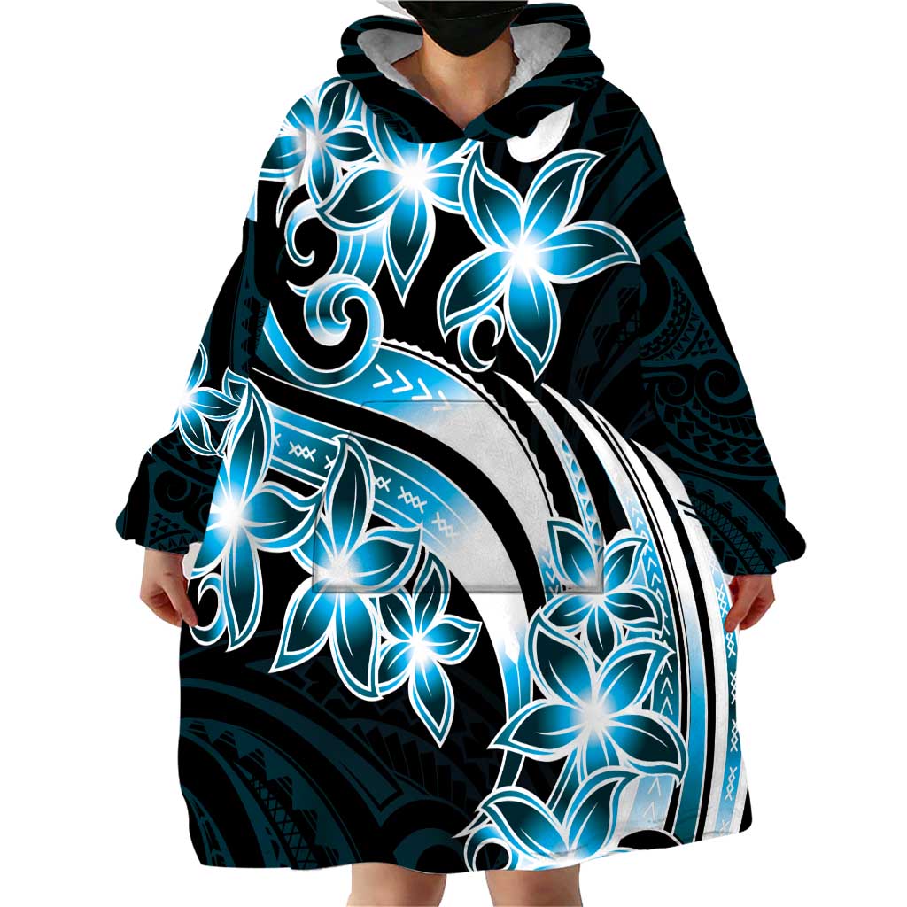 Plumeria Tribal Tattoo Wearable Blanket Hoodie Blue Polynesian Pattern LT9 - Polynesian Pride