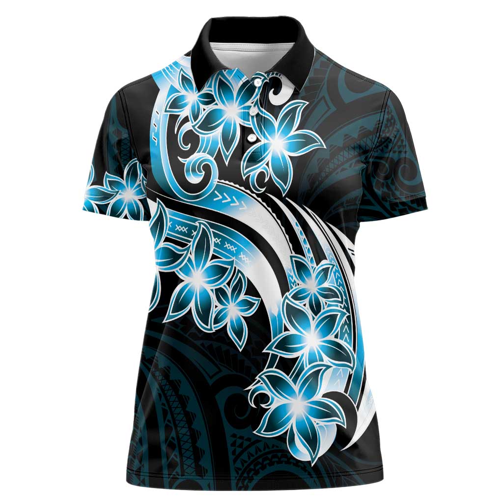 Plumeria Tribal Tattoo Women Polo Shirt Blue Polynesian Pattern