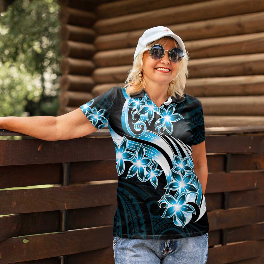 Plumeria Tribal Tattoo Women Polo Shirt Blue Polynesian Pattern