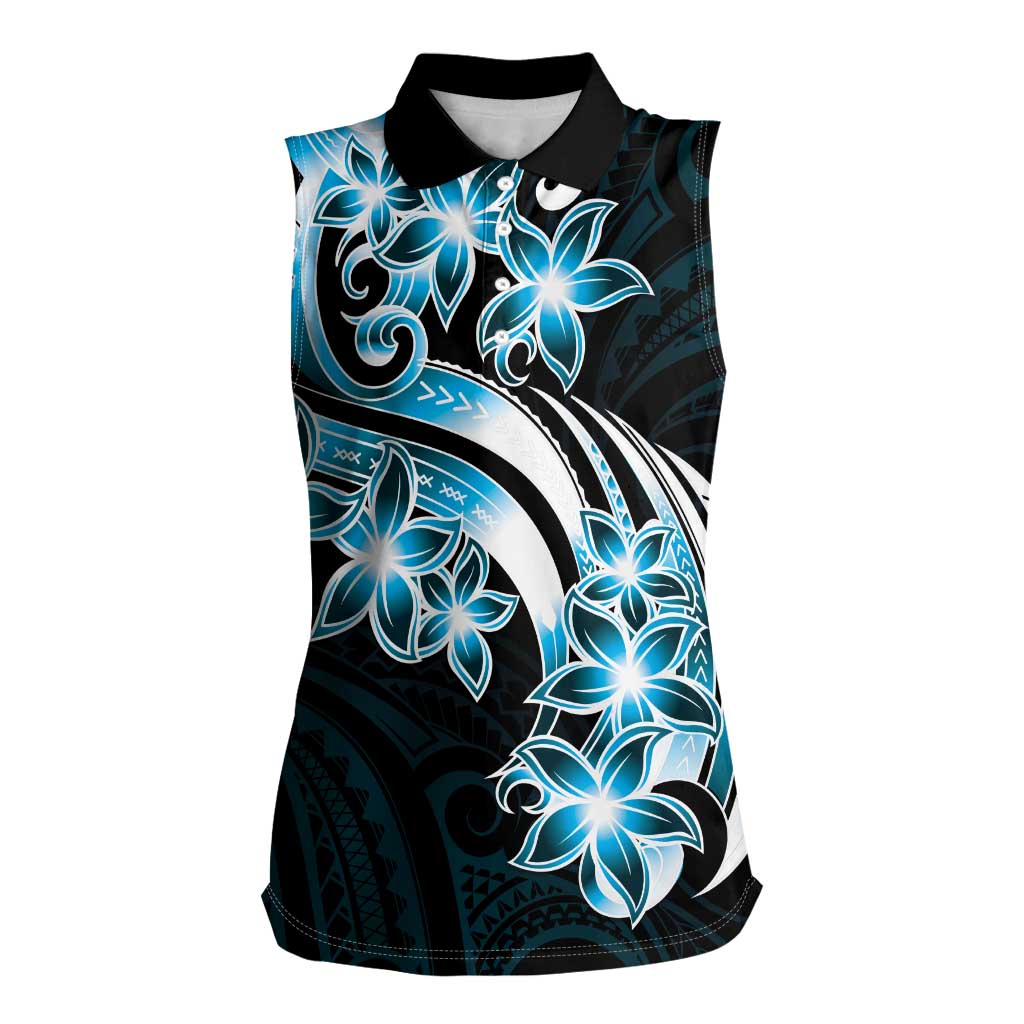 Plumeria Tribal Tattoo Women Sleeveless Polo Shirt Blue Polynesian Pattern