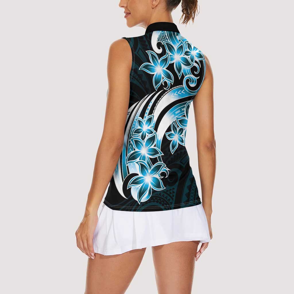 Plumeria Tribal Tattoo Women Sleeveless Polo Shirt Blue Polynesian Pattern