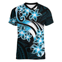 Plumeria Tribal Tattoo Women V-Neck T-Shirt Blue Polynesian Pattern