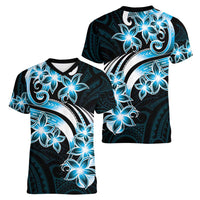 Plumeria Tribal Tattoo Women V-Neck T-Shirt Blue Polynesian Pattern
