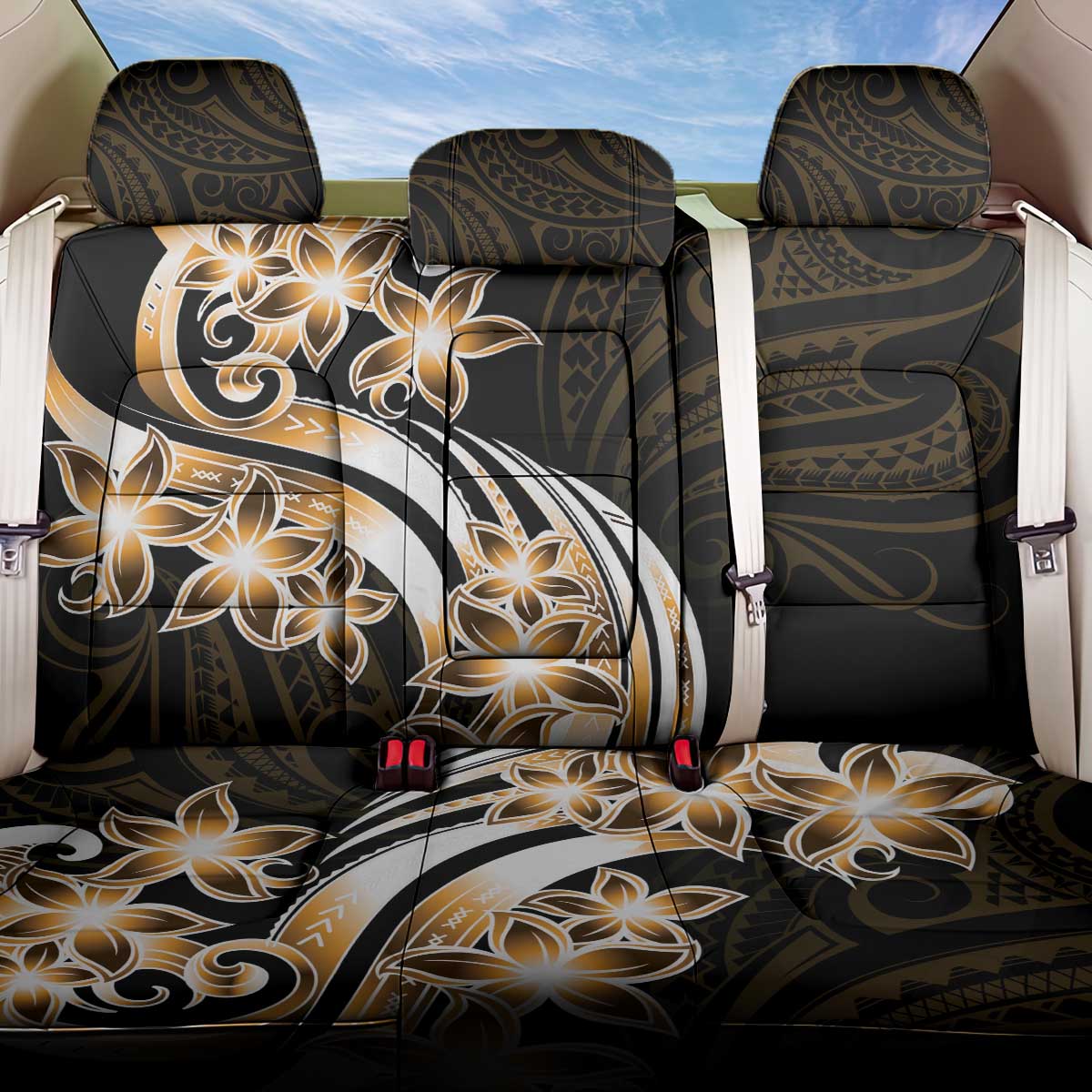 Plumeria Tribal Tattoo Back Car Seat Cover Gold Polynesian Pattern LT9 One Size Gold - Polynesian Pride
