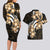 Plumeria Tribal Tattoo Couples Matching Long Sleeve Bodycon Dress and Hawaiian Shirt Gold Polynesian Pattern