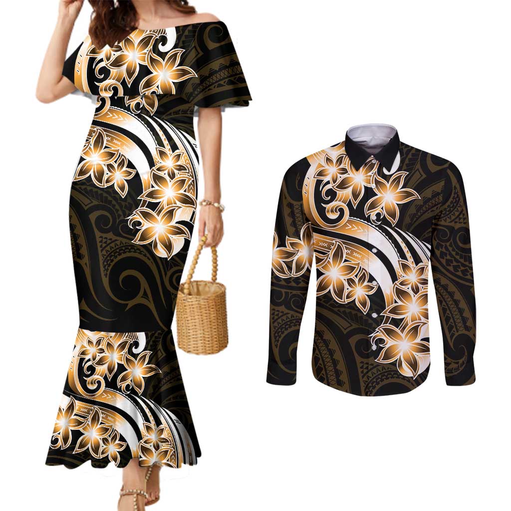 Plumeria Tribal Tattoo Couples Matching Mermaid Dress and Long Sleeve Button Shirt Gold Polynesian Pattern LT9 Gold - Polynesian Pride