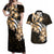 Plumeria Tribal Tattoo Couples Matching Off Shoulder Maxi Dress and Hawaiian Shirt Gold Polynesian Pattern