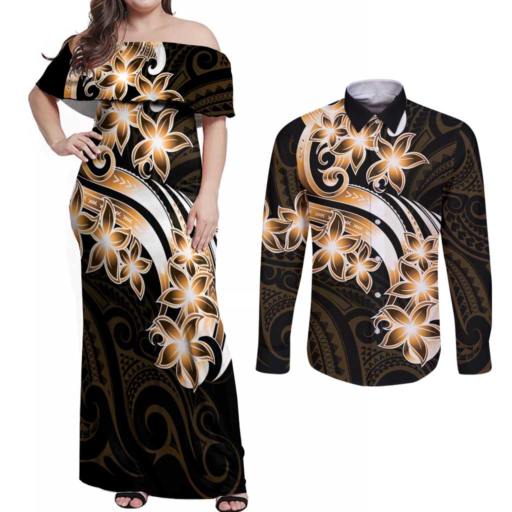 Plumeria Tribal Tattoo Couples Matching Off Shoulder Maxi Dress and Long Sleeve Button Shirt Gold Polynesian Pattern LT9 Gold - Polynesian Pride