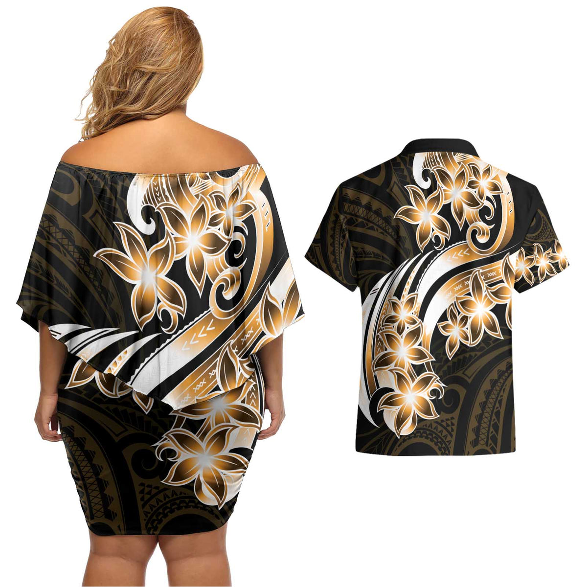 Plumeria Tribal Tattoo Couples Matching Off Shoulder Short Dress and Hawaiian Shirt Gold Polynesian Pattern LT9 - Polynesian Pride