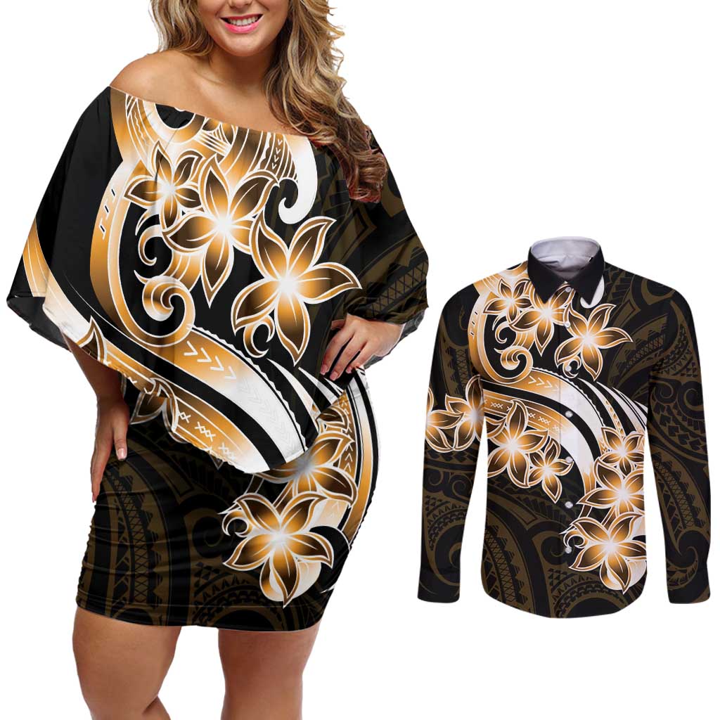 Plumeria Tribal Tattoo Couples Matching Off Shoulder Short Dress and Long Sleeve Button Shirt Gold Polynesian Pattern LT9 Gold - Polynesian Pride