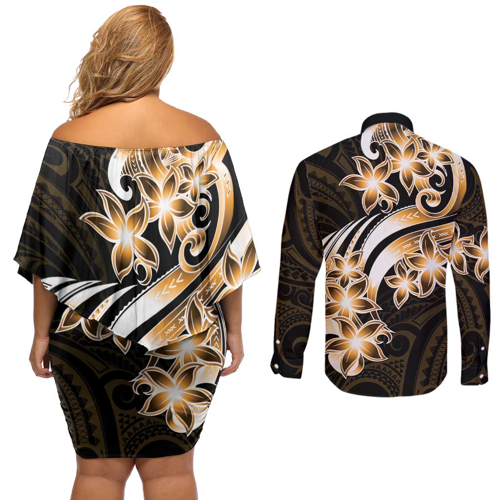 Plumeria Tribal Tattoo Couples Matching Off Shoulder Short Dress and Long Sleeve Button Shirt Gold Polynesian Pattern LT9 - Polynesian Pride