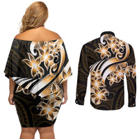 Plumeria Tribal Tattoo Couples Matching Off Shoulder Short Dress and Long Sleeve Button Shirt Gold Polynesian Pattern LT9 - Polynesian Pride