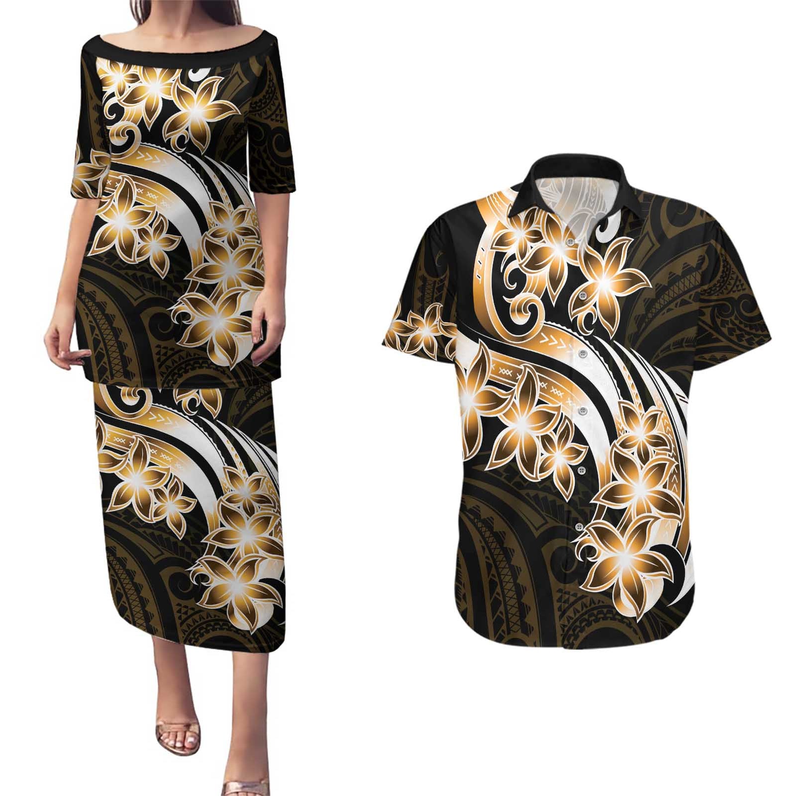 Plumeria Tribal Tattoo Couples Matching Puletasi and Hawaiian Shirt Gold Polynesian Pattern LT9 Gold - Polynesian Pride