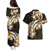 Plumeria Tribal Tattoo Couples Matching Puletasi and Hawaiian Shirt Gold Polynesian Pattern LT9 - Polynesian Pride