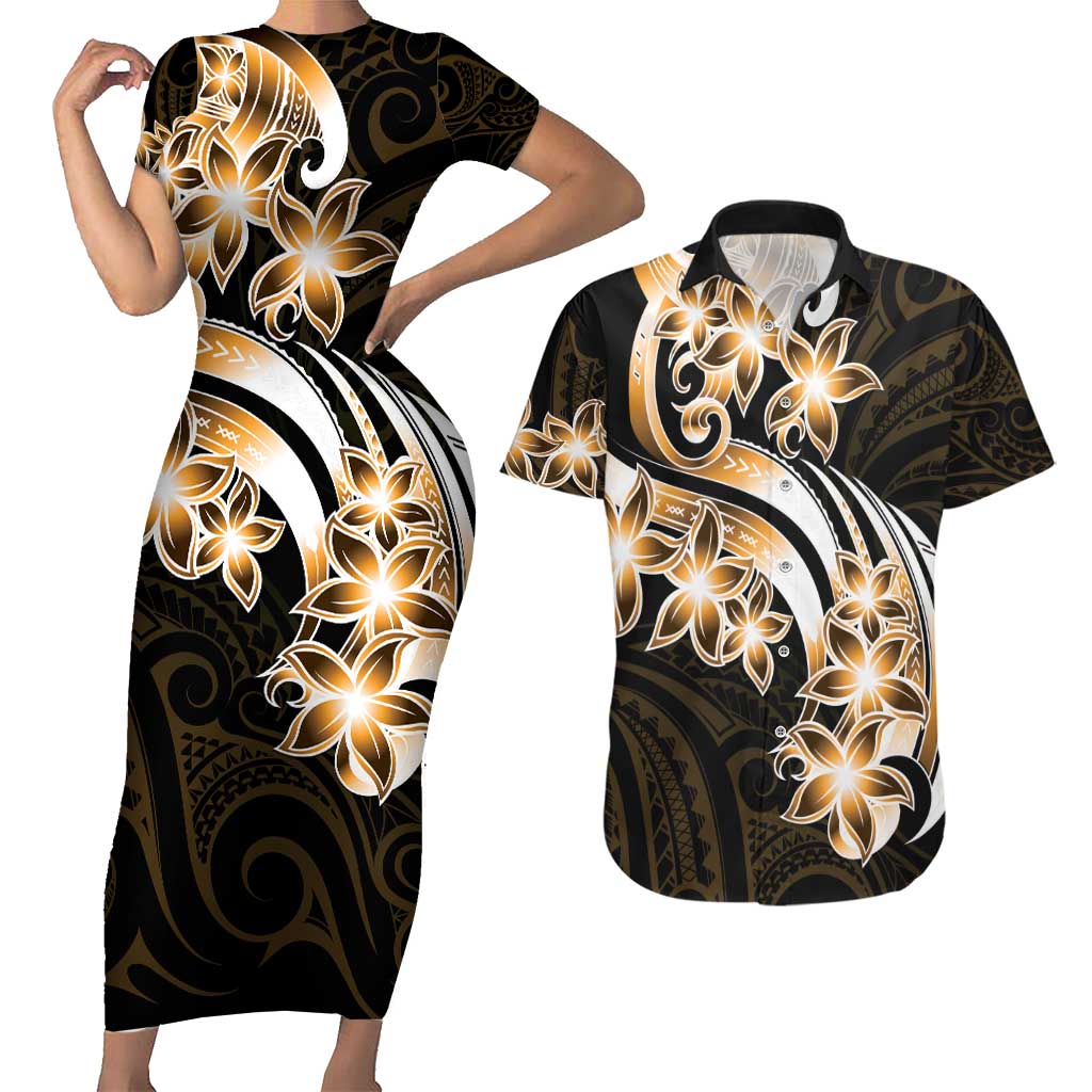 Plumeria Tribal Tattoo Couples Matching Short Sleeve Bodycon Dress and Hawaiian Shirt Gold Polynesian Pattern