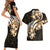 Plumeria Tribal Tattoo Couples Matching Short Sleeve Bodycon Dress and Hawaiian Shirt Gold Polynesian Pattern