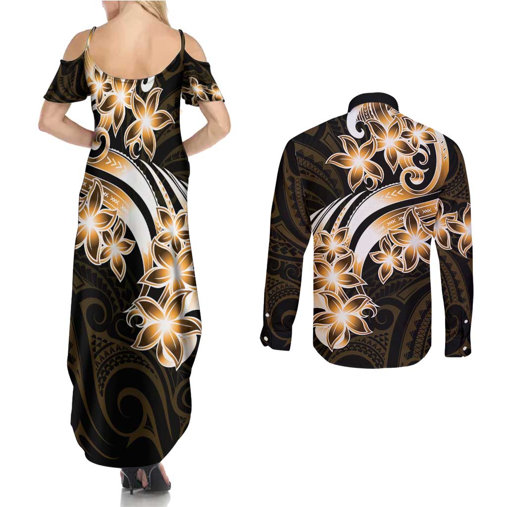Plumeria Tribal Tattoo Couples Matching Summer Maxi Dress and Long Sleeve Button Shirt Gold Polynesian Pattern LT9 - Polynesian Pride