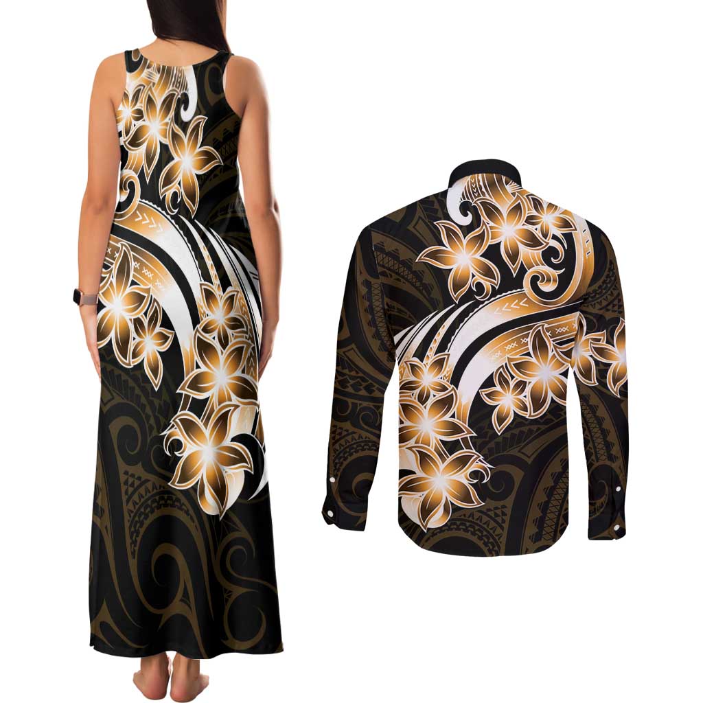 Plumeria Tribal Tattoo Couples Matching Tank Maxi Dress and Long Sleeve Button Shirt Gold Polynesian Pattern LT9 - Polynesian Pride