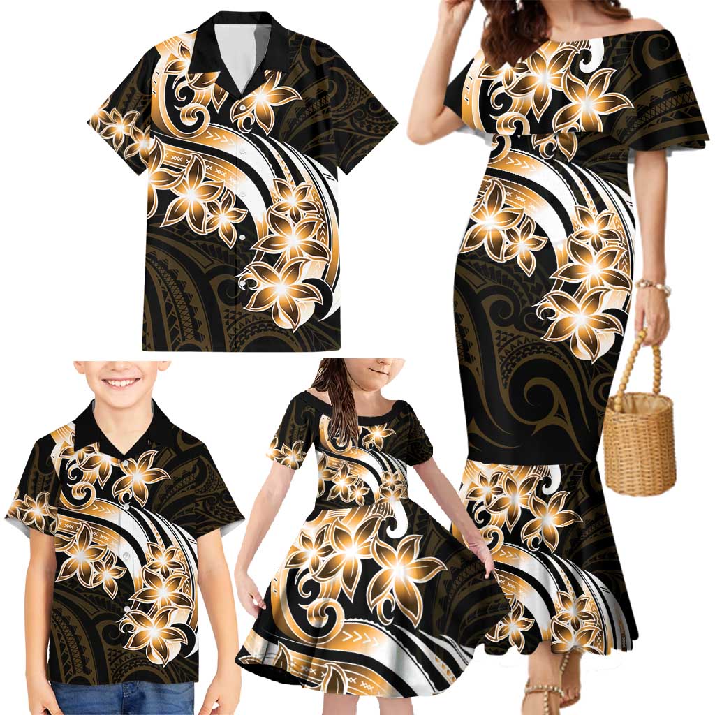 Plumeria Tribal Tattoo Family Matching Mermaid Dress and Hawaiian Shirt Gold Polynesian Pattern