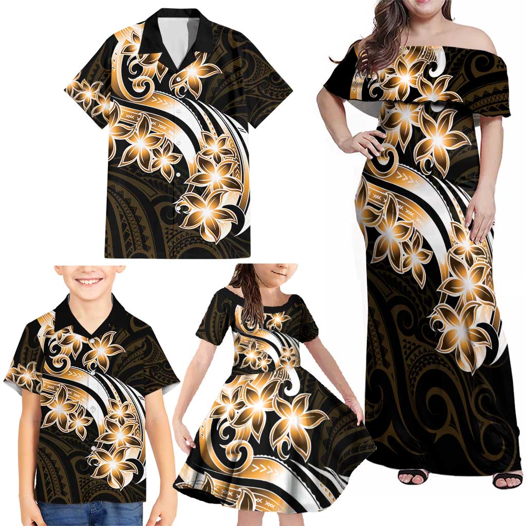 Plumeria Tribal Tattoo Family Matching Off Shoulder Maxi Dress and Hawaiian Shirt Gold Polynesian Pattern