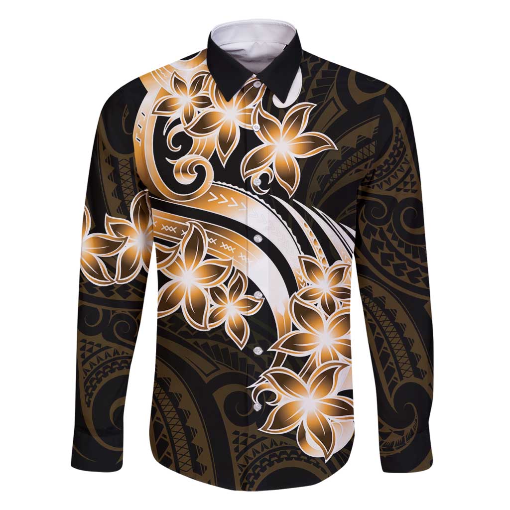 Plumeria Tribal Tattoo Family Matching Off Shoulder Maxi Dress and Hawaiian Shirt Gold Polynesian Pattern